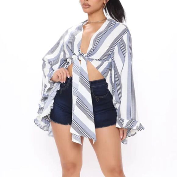 Akira White And Blue Striped Dramatic Sleeve Tie Front Top Blouse Size S - Picture 1 of 11